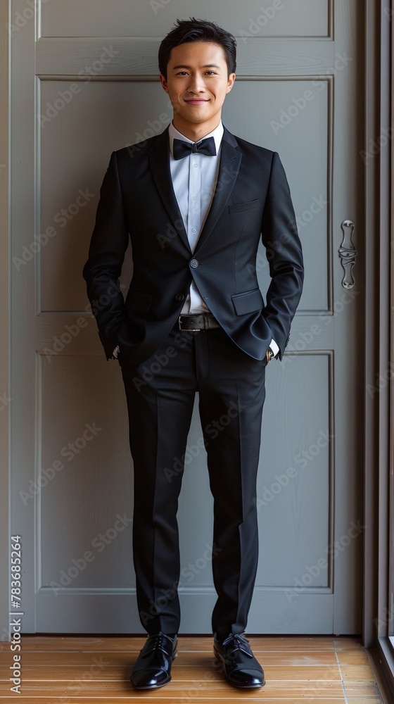 Man in tuxedo standing in front of door Man in tuxedo standing in front of door