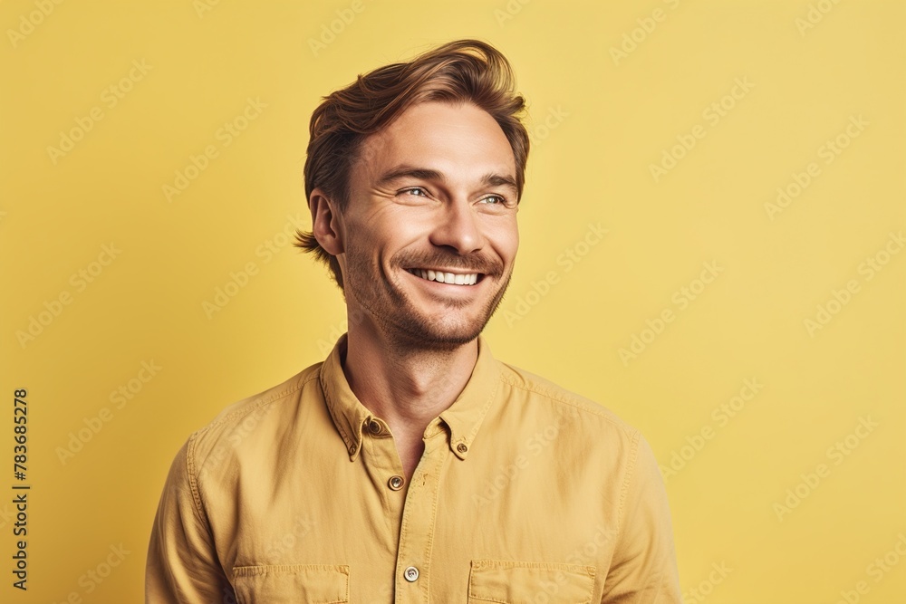 A man with a mustache and a yellow shirt is smiling A man with a mustache and a yellow shirt is smiling