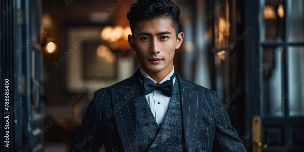 Obraz premium Man in tuxedo standing in hallway