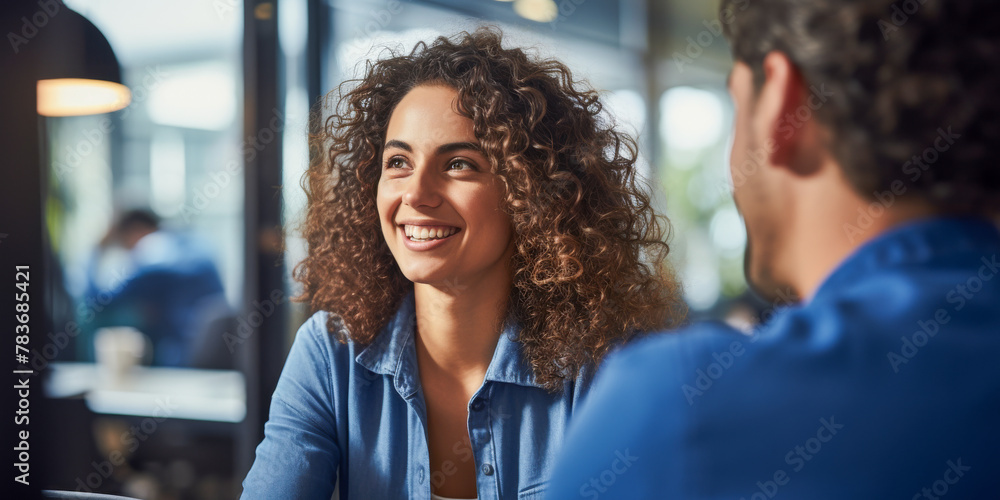 Smiling Woman Enjoying Conversation at Cafe With Friend