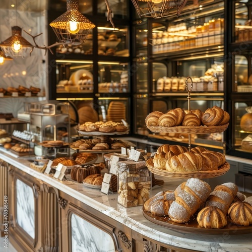 A classic Parisian bakery podium with pastries and cafe decor for gourmet and culinary products