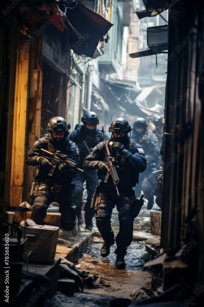 Naklejka premium Tactical unit members evacuating hostages from a besieged structure