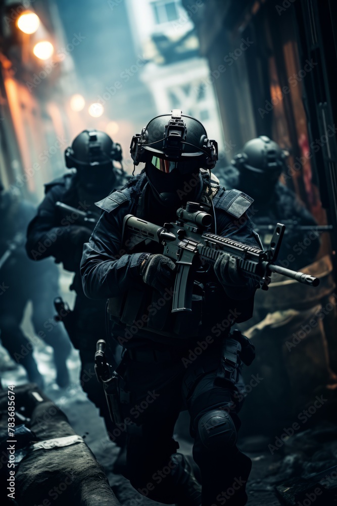 Tactical unit members providing cover fire while advancing on a building Tactical unit members providing cover fire while advancing on a building