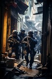 Tactical unit members evacuating hostages from a besieged structure