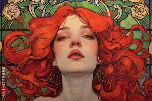 Enchanting Art nouveau woman redhaired. Modern face. Generate Ai