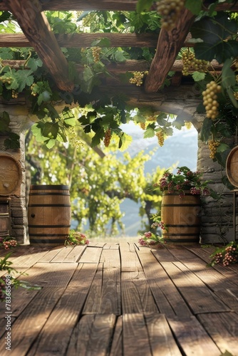 A sunny vineyard podium with grapevines and wine barrels for gourmet and lifestyle products © kitinut