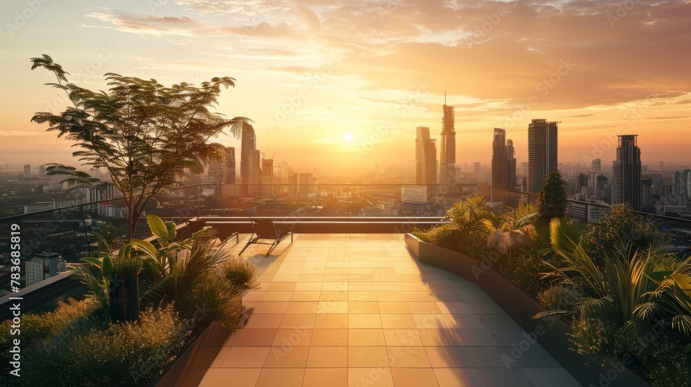 An urban rooftop garden podium with city skyline views, for sustainable urban products