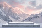 Snowcapped mountain podium with alpine glow for outdoor and winter sports gear