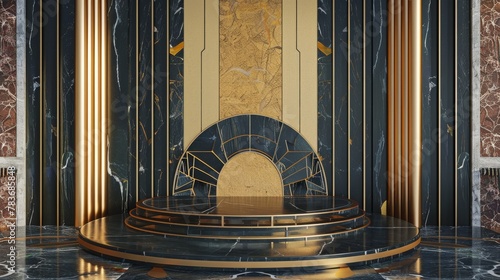Art deco podium with gold accents and geometric patterns, exuding 1920s glamour