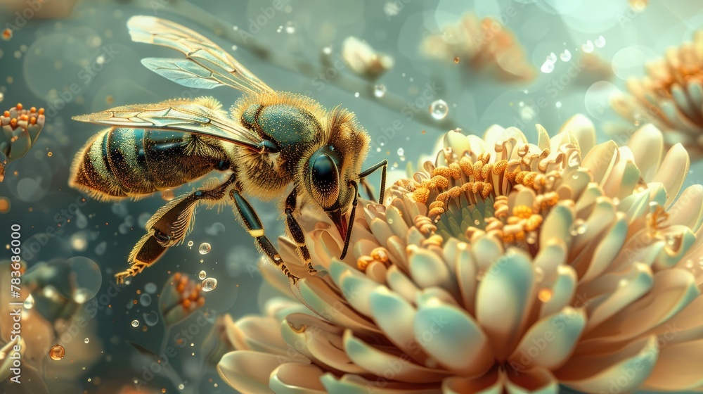 A bee extracting nectar from a flower with mechanical precision - obrazy, fototapety, plakaty 