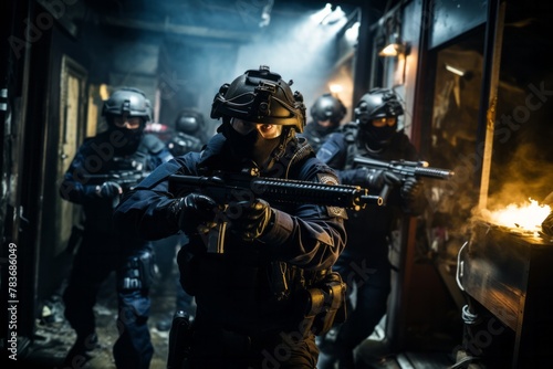 Tactical unit members engaging in room-to-room combat during a building clearance operation