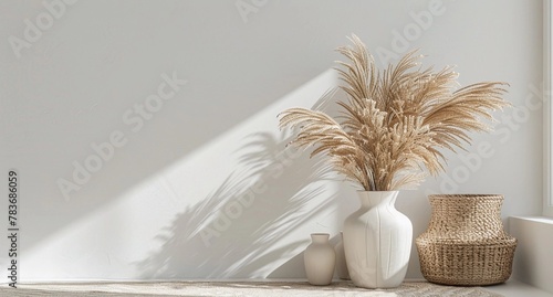 Interior with dry flower tree in white pot modern design  white walls on sunlight for luxury interior design  background for advertisement  cover. Place for text.