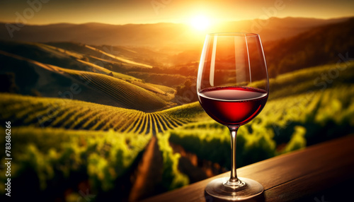 Closeup of a glass of red wine, rolling vineyard hills at sunset in the background