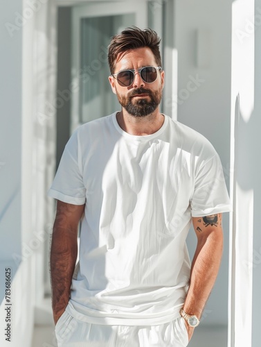 Man with beard wearing sunglasses and white t-shirt