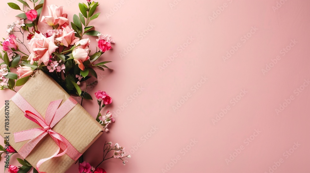 top view of flowers and gift on pink  tables