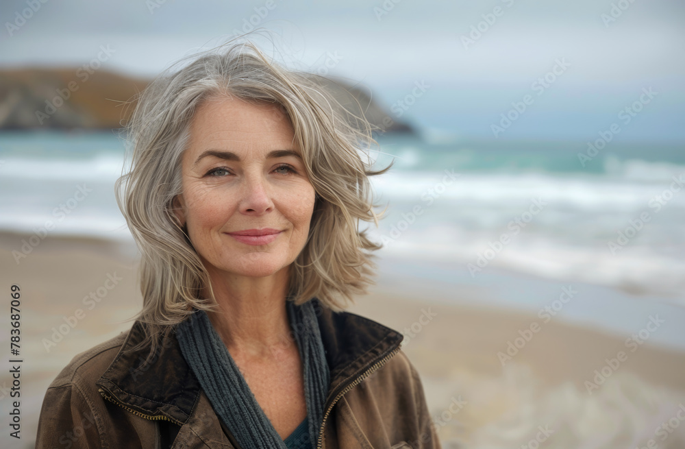 A woman with gray hair is standing on a beach, smiling. She is wearing a brown jacket and scarf A woman with gray hair is standing on a beach, smiling. She is wearing a brown jacket and scarf