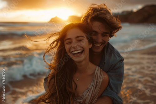 A couple is smiling and hugging on a beach. The woman has long hair and the man is wearing a blue shirt. Scene is happy and romantic
