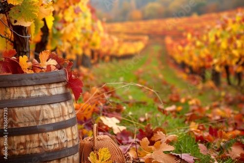 Barrel with leaves in vineyard, blending with plantfilled natural landscape