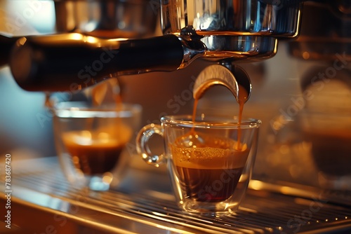 A closeup of an espresso machine pouring fresh coffee into small, clear glass cups on the counter in front of it