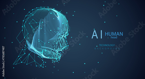 AI Human Head technology background in low poly and neon lines style. Artificial Intelligence face vector design. Futuristic virtual innovation robot.