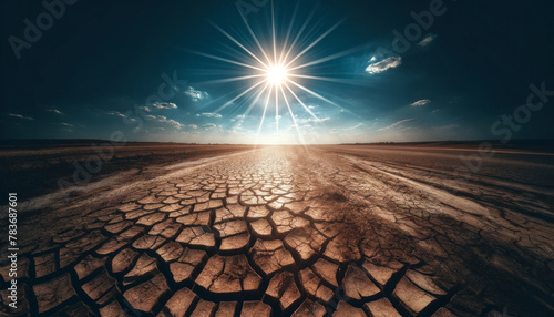 Wide shot of a parched field under a clear blue sky, cracks in the dry soil