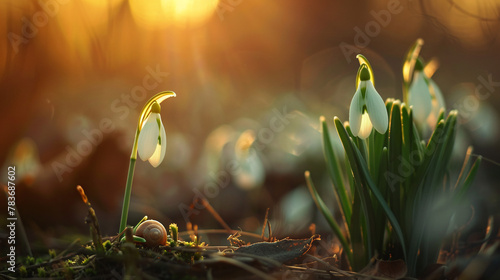 blossoms of flowers with a small snail ON a stem, more flowers in the background