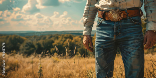 Rustic Cowboy Belt Buckle and Denim on Scenic Country Landscape photo