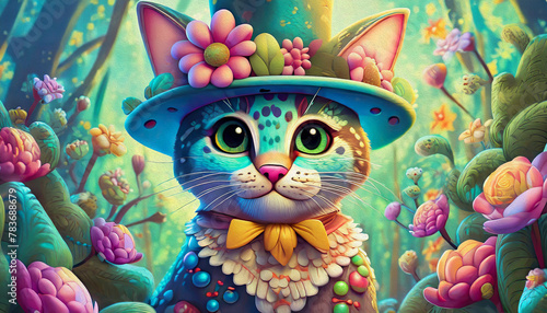 OIL PAINTING STYLE CARTOON CHARACTER cat in hat with flowers illustration