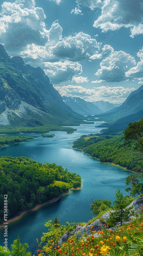 Majestic lake surrounded by mountains