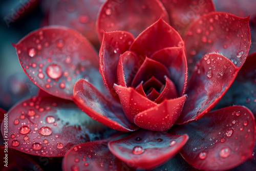 Vibrant Red Succulent with Dew Drops Close-Up