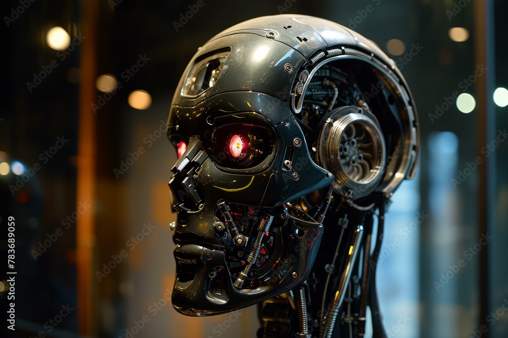 Imposing Artificial steel robot head with cyber face. Digital futuristic fiction. Generate Ai Imposing Artificial steel robot head with cyber face. Digital futuristic fiction. Generate Ai
