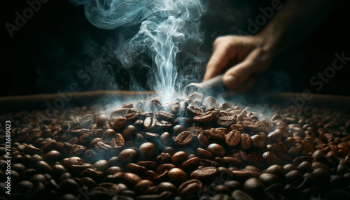 Zoomed-in view of coffee beans being roasted, smoke gently rising, capturing the transformation photo