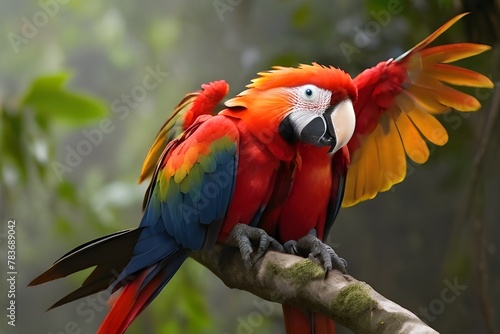 Two Scarlet Macaws Come in To Land in a Remote Amazon Location Generative AI