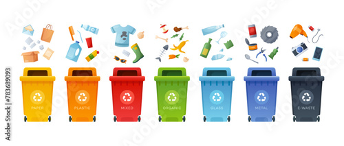 Waste segregation. Vector set of garbage containers and types of trash paper, plastic, metal, organic, e-waste,glass,mixed. Sorting, separating and recycling garbage infographic. Rubbish bin 