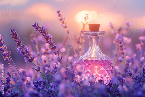 Serene Lavender Field at Sunset with Glass Bottle