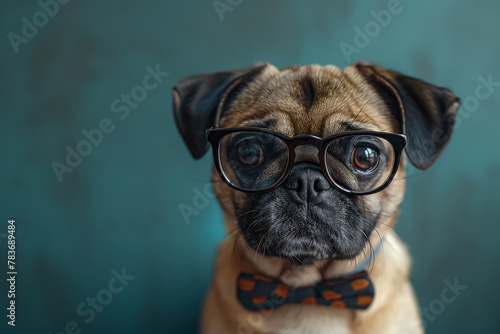 Intelligent Pug Dog Wearing Glasses and Bow Tie on Teal Background © smth.design