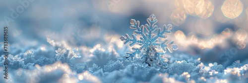 Serene Winter Magic: Sparkling Snowflake Close-Up in Crystal Blue Tones