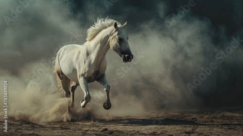 White horse run forward in dust on dark background AI generated