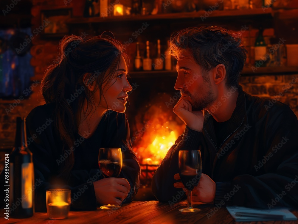 A man and woman are sitting at a table with wine glasses in front of them. Scene is romantic and intimate