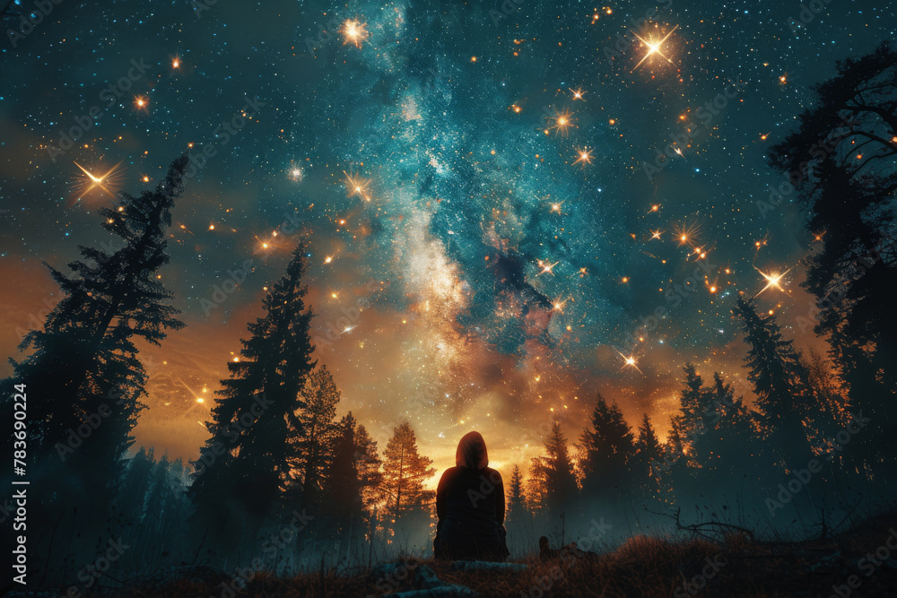 Enchanting Night Sky Over a Forest with Spectator Gazing at Stars