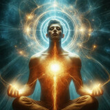 man in yoga meditating position with a lot of healing energy and aura light, very realistic illustration of yoga and healing energy reiki concept
