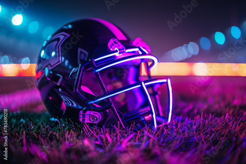 Neon-Lit American Football Helmet on Field at Night