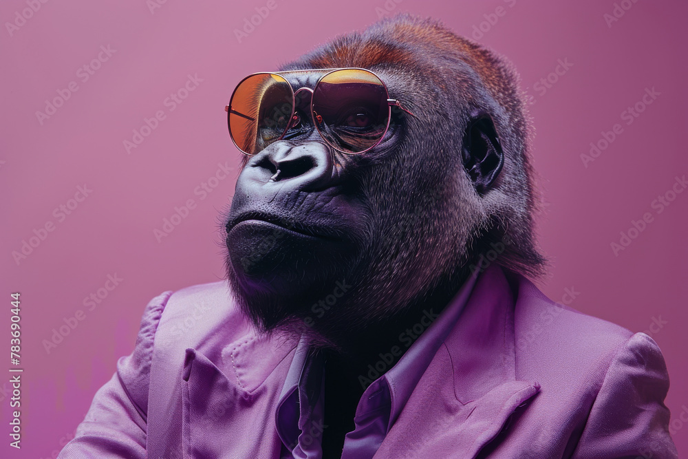 Stylish Gorilla in Purple Attire with Aviator Sunglasses on Pink Background Stylish Gorilla in Purple Attire with Aviator Sunglasses on Pink Background