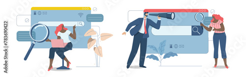 Set of search engine optimization, SEO. Analyze website page statistics, Internet marketing concepts, Businessmen and woman searching online with magnifying glass in web browser bar. Vector design.