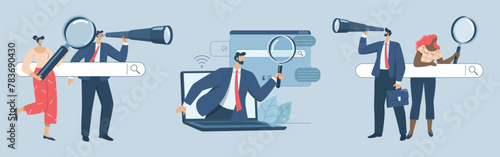 Set of search engine optimization, SEO. Analyze website page statistics, Internet marketing concepts, Businessmen and woman searching online with magnifying glass in web browser bar. Vector design.