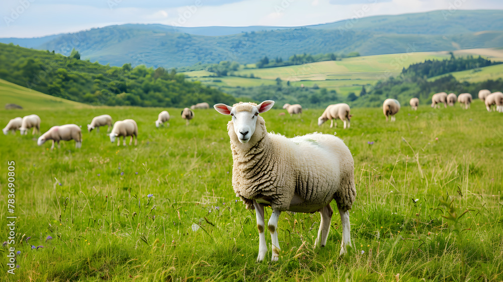 White sheep standing in lush meadow with backdrop of gentle green slopes under clear blue sky White sheep standing in lush meadow with backdrop of gentle green slopes under clear blue sky