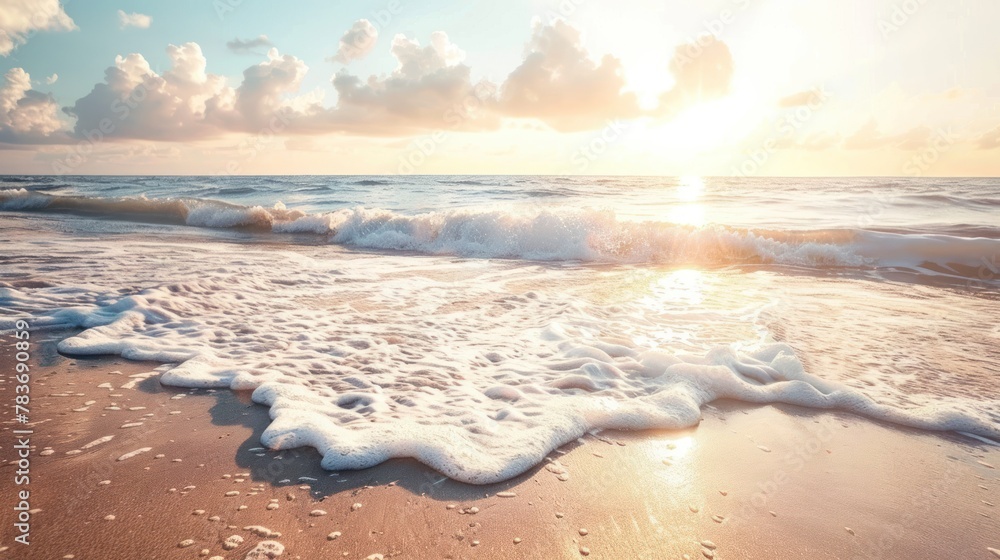 White ocean waves on the beach on a romantic morning. AI generated