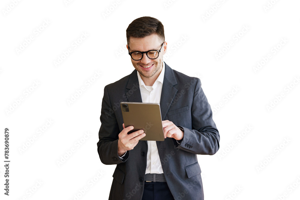 A positive manager with glasses in a suit uses a tablet office employee chief secretary. Transparent background. A positive manager with glasses in a suit uses a tablet office employee chief secretary. Transparent background.