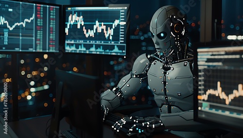 A humanoid robot with metallic skin and high-tech glasses is sitting at the computer, analyzing stock market charts on multiple monitors in a dark office