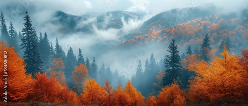 beautiful aerial view of autumn forest in morning with cloud drifting on  mountain peak  Generative Ai